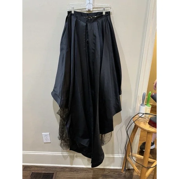 High Low Black Satin Skirt Celestial Tulle Lining Train Size Small Witchy Goth - Picture 3 of 8